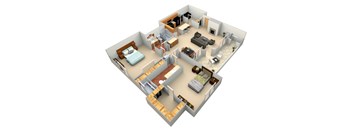 3d floor plan of a home with a bedroom and living room