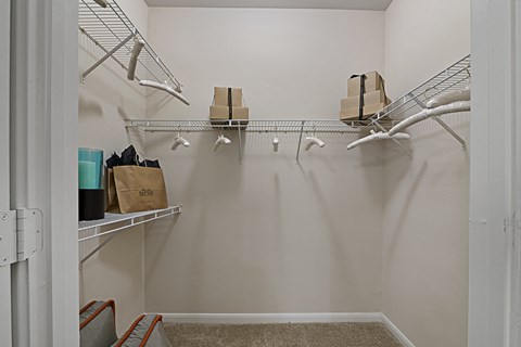 A white closet with a shelf and clothes hanging on it.