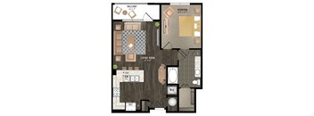 A floor plan of a house with a living room, bedroom, and balcony.