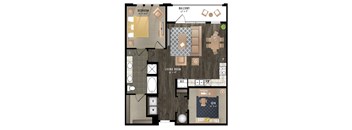 A floor plan of a house with a bedroom, living room, and balcony.