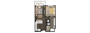 A floor plan of a living space with a balcony, bedroom, and living room.