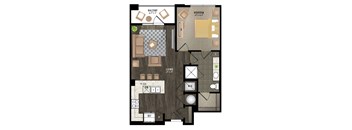 A floor plan of an apartment with a balcony, living room, dining room, kitchen, and bathroom.