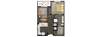 A floor plan of a living space with a balcony and bedroom.