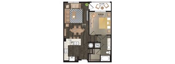 A floor plan of a living space with a balcony, bedroom, and bathroom.