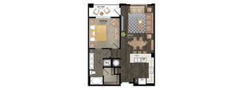 A floor plan of a living space with a balcony, bedroom, and living room.