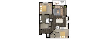 A floor plan of a house with a balcony, living room, and two bedrooms.