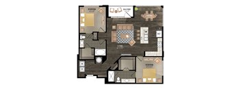 A floor plan of an apartment with two bedrooms, a living room, a dining room, a balcony, and a kitchen.