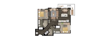 A floor plan of a house with two bedrooms, a living room, a dining room, a balcony, a laundry room, and a garage.