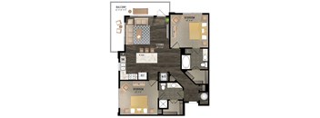 A floor plan of a house with a balcony, living room, dining room, kitchen, and three bedrooms.