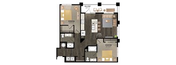A floor plan of a house with a balcony, two bedrooms, a living room, a dining room, a kitchen, a laundry room, and a study.