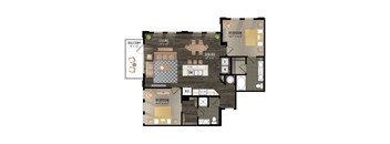 A floor plan of a house with a living room, dining room, two bedrooms, and a balcony.