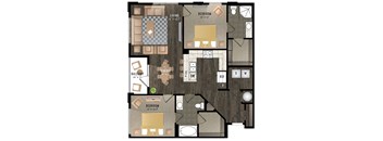 A floor plan of a house with a living room, two bedrooms, a dining room, a kitchen, a balcony, and a den.