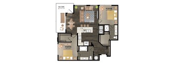 A floor plan of a balcony apartment with two bedrooms, a living room, a dining room, a kitchen, and a bathroom.
