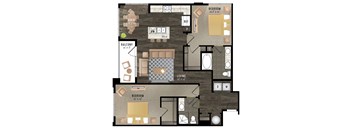 A floor plan of a house with a balcony, two bedrooms, a living room, a dining room, a kitchen, and a reference room.