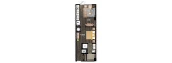 A floor plan of a small apartment with a living room, bedroom, and a wardrobe.