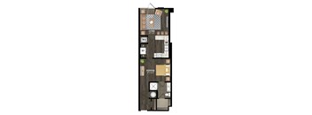 A floor plan of a small apartment with a living room, dining room, and bedroom.