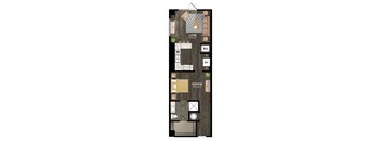 A floor plan of a small apartment with a living area, kitchen, and bedroom.