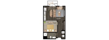 A floor plan of a small apartment with a living room, bedroom, and balcony.