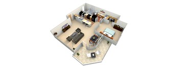 3d floor plan of a house with a bedroom and a living room