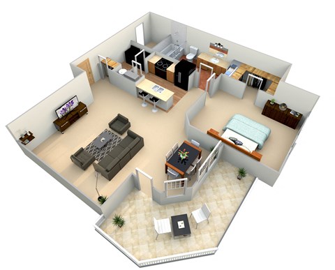 3d floor plan of a house with a bedroom and a living room