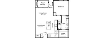 A floor plan of a home with a living room, dining room, kitchen, and closet.
