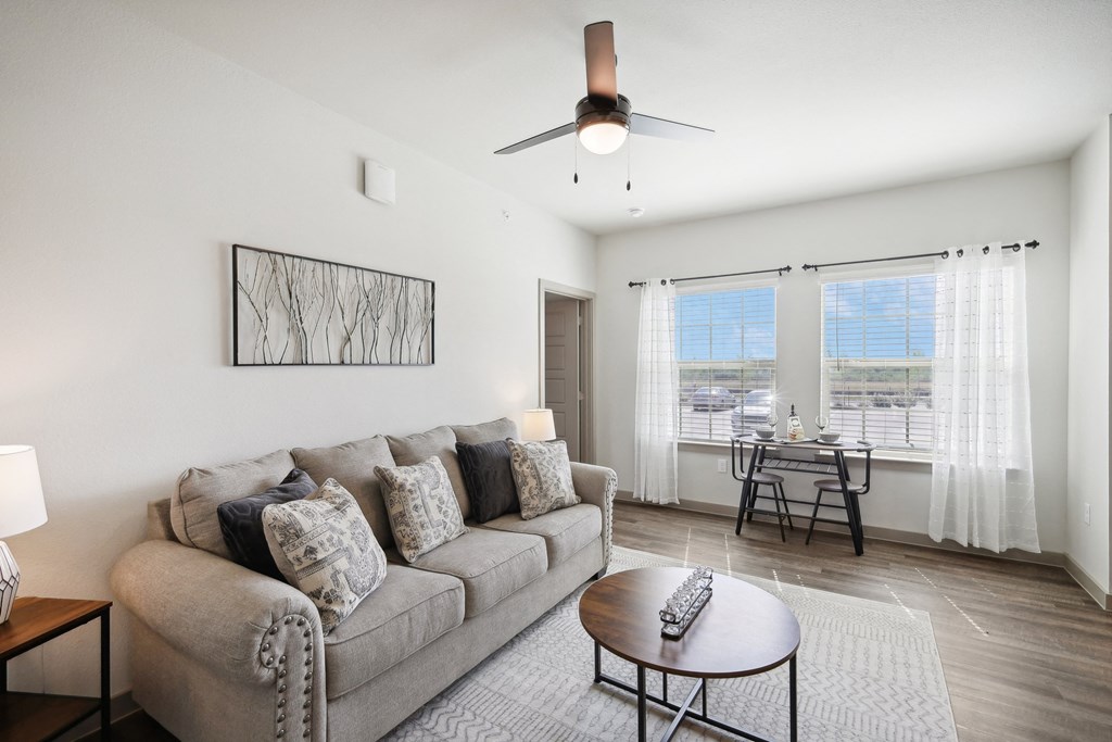 a living room with a couch and a coffee table