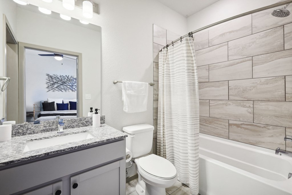 a bathroom with a shower toilet and sink and a mirror