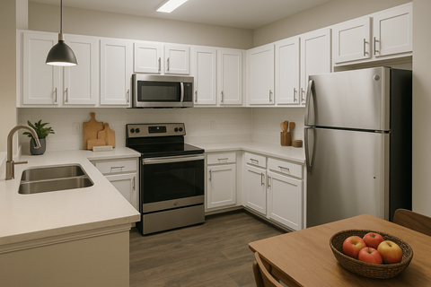 A kitchen with white cabinets and a stainless steel refrigerator.
