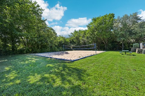 a volleyball court in a park with a picnic table