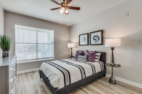 A bedroom with a bed, a ceiling fan, and a nightstand with a lamp.