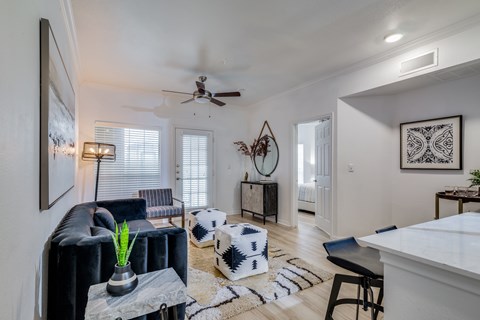 A living room with a black couch and a white rug.