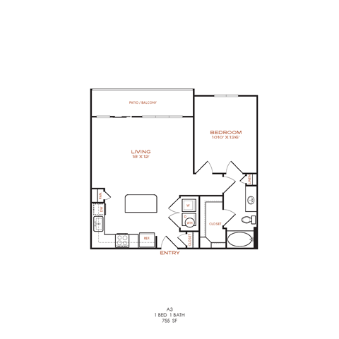 A floor plan of a small apartment with a living room, bedroom, and entry.