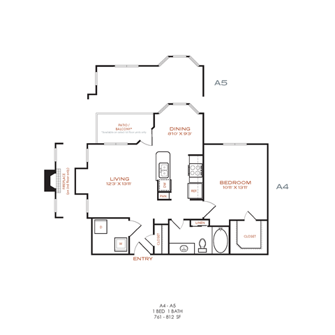 A floor plan of an apartment with living room, dining room, bedroom and bathroom.