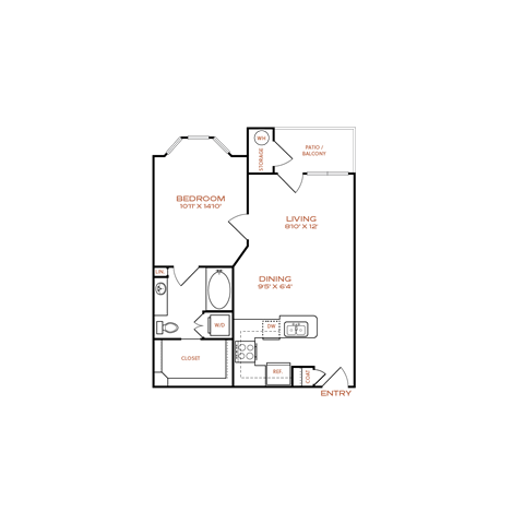 A floor plan of a house with a bedroom, living room, dining room, kitchen, and entrance.