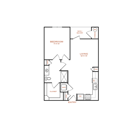 A floor plan of a house with a bedroom, living room, and kitchen.