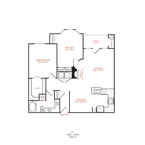 A floor plan of a home with a study, bedroom, living room, dining room, and bathroom.