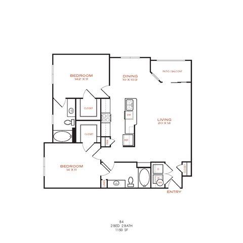 A black and white image of a floor plan for a two bedroom apartment.