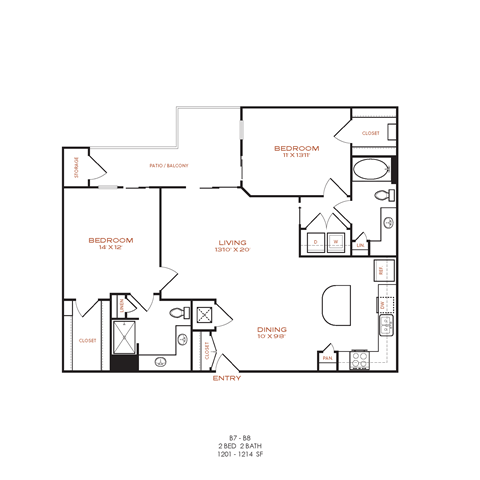 A floor plan of an apartment with a living room, dining room, kitchen, and two bedrooms.