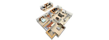 3d floor plan of a home with a bedroom and living room