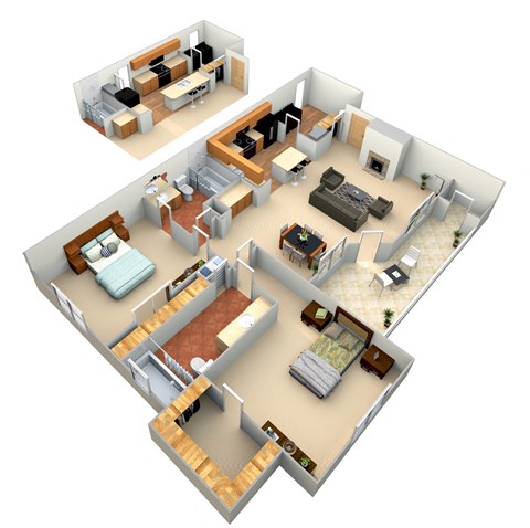 3d floor plan of a home with a bedroom and living room