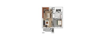 a stylized floor plan with a bedroom and living room