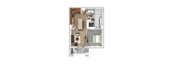 a stylized floor plan with a bedroom and living room
