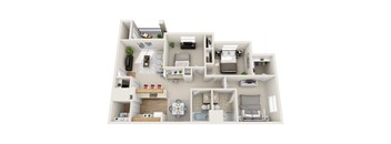 A 3D floor plan of a small apartment with a kitchen, living room, and bedroom.