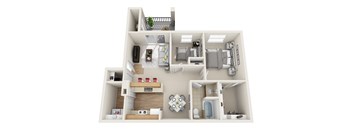 A 3D floor plan of a small apartment with a kitchen, living room, and bathroom.