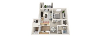 A top-down view of a two-story apartment with a living room, kitchen, dining area, and bedrooms.