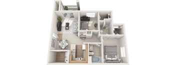 A 3D floor plan of a small apartment with a kitchen, living room, and bedroom.