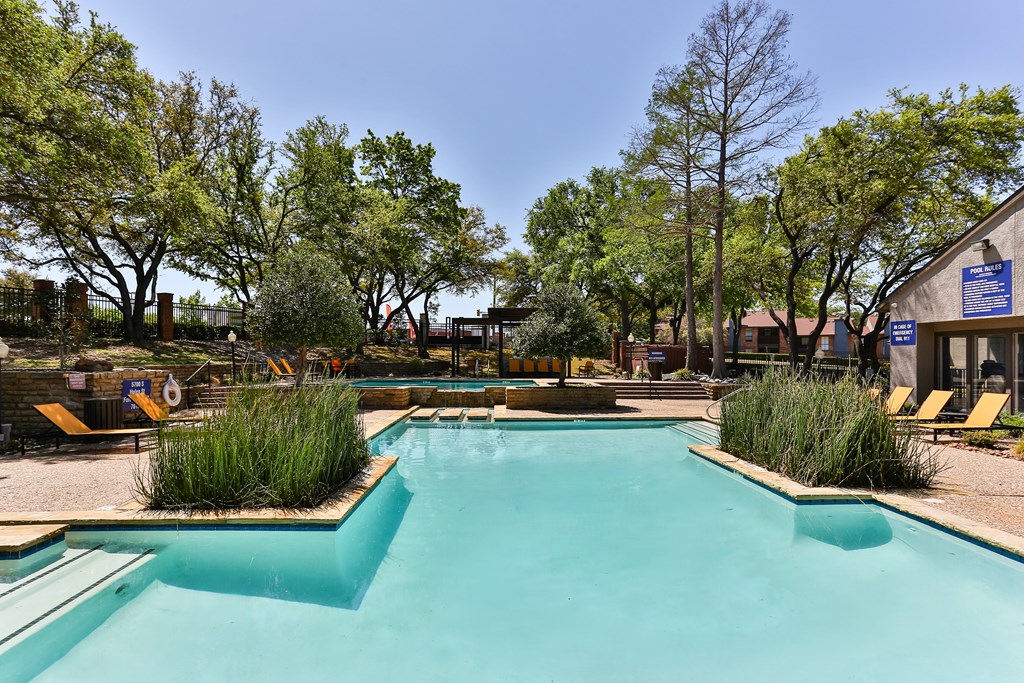 A large outdoor swimming pool surrounded by trees and plants.