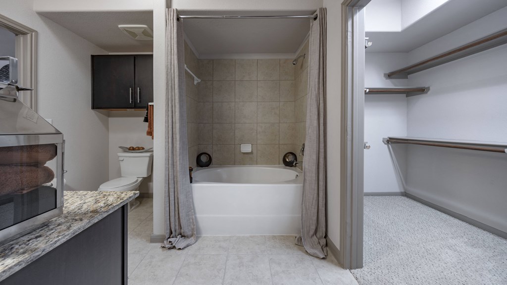 a bathroom with a tub and a sink and a toilet