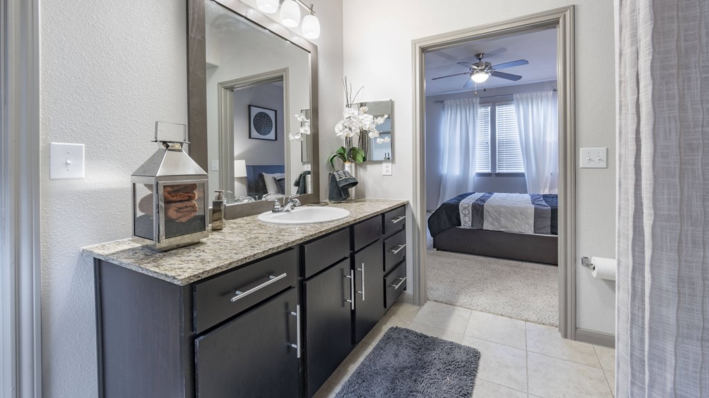 a bathroom with a large mirror and a sink