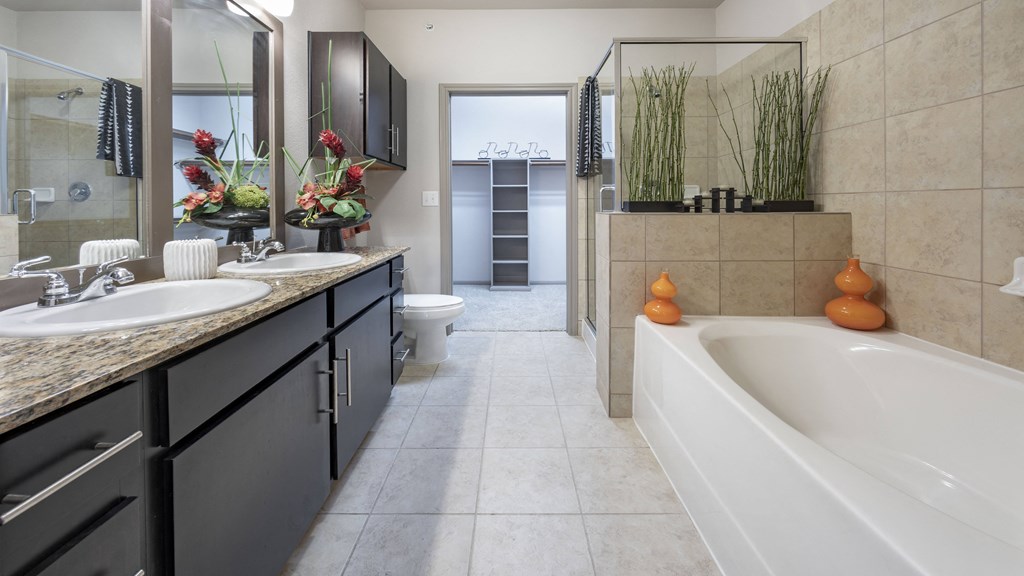 a bathroom with two sinks and a tub and a toilet